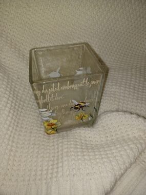 Decorative Glass Votive Holder with Yellow Floral and Bee Design